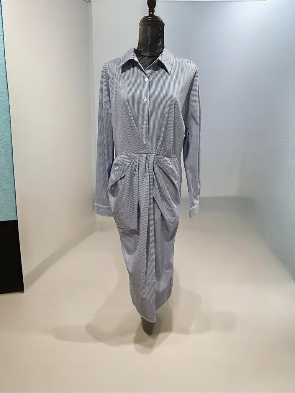 JustFab Blue Pinstripe Draped Shirt Dress